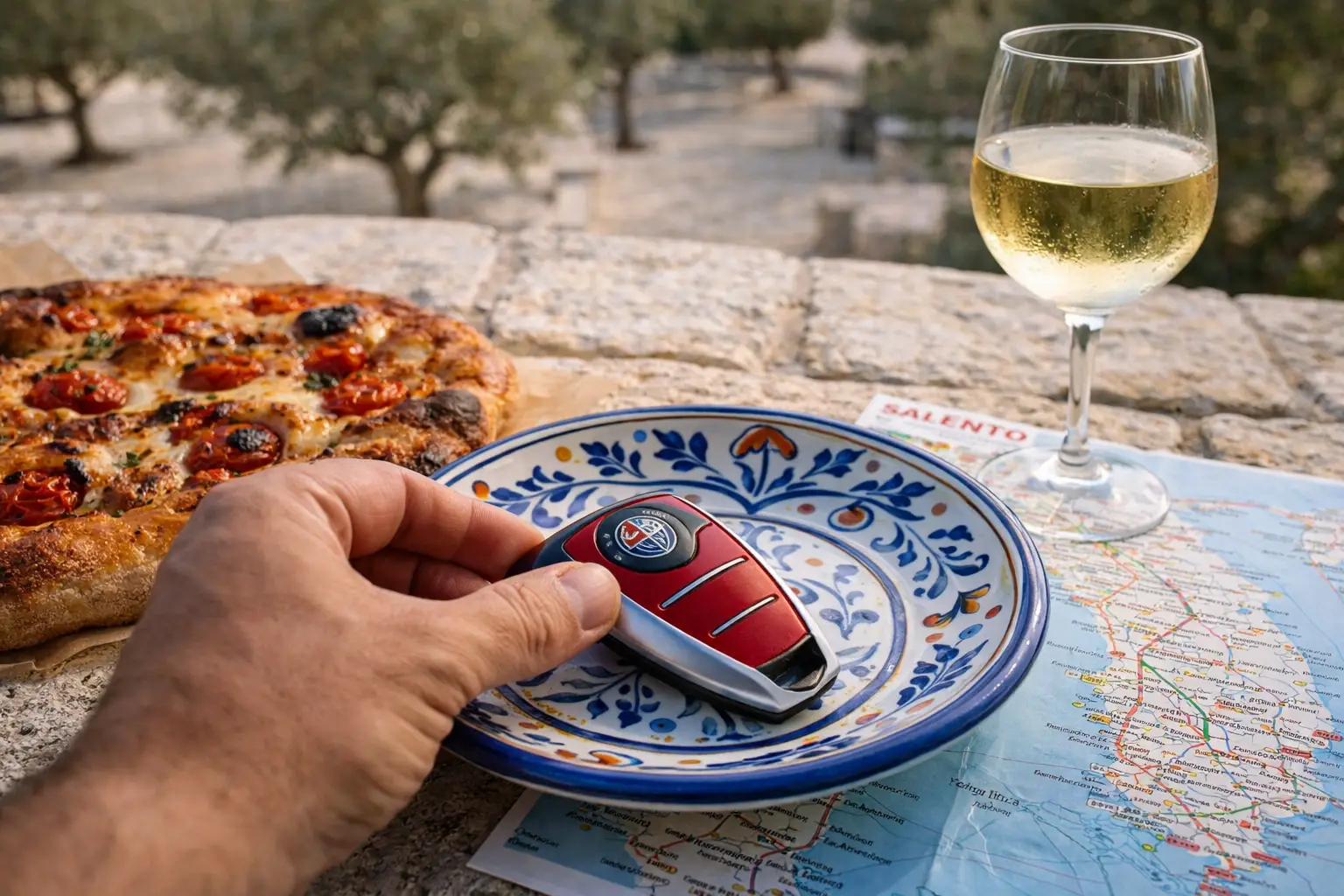 Schlüssel und Reiseutensilien für einen Mietwagen in Bari