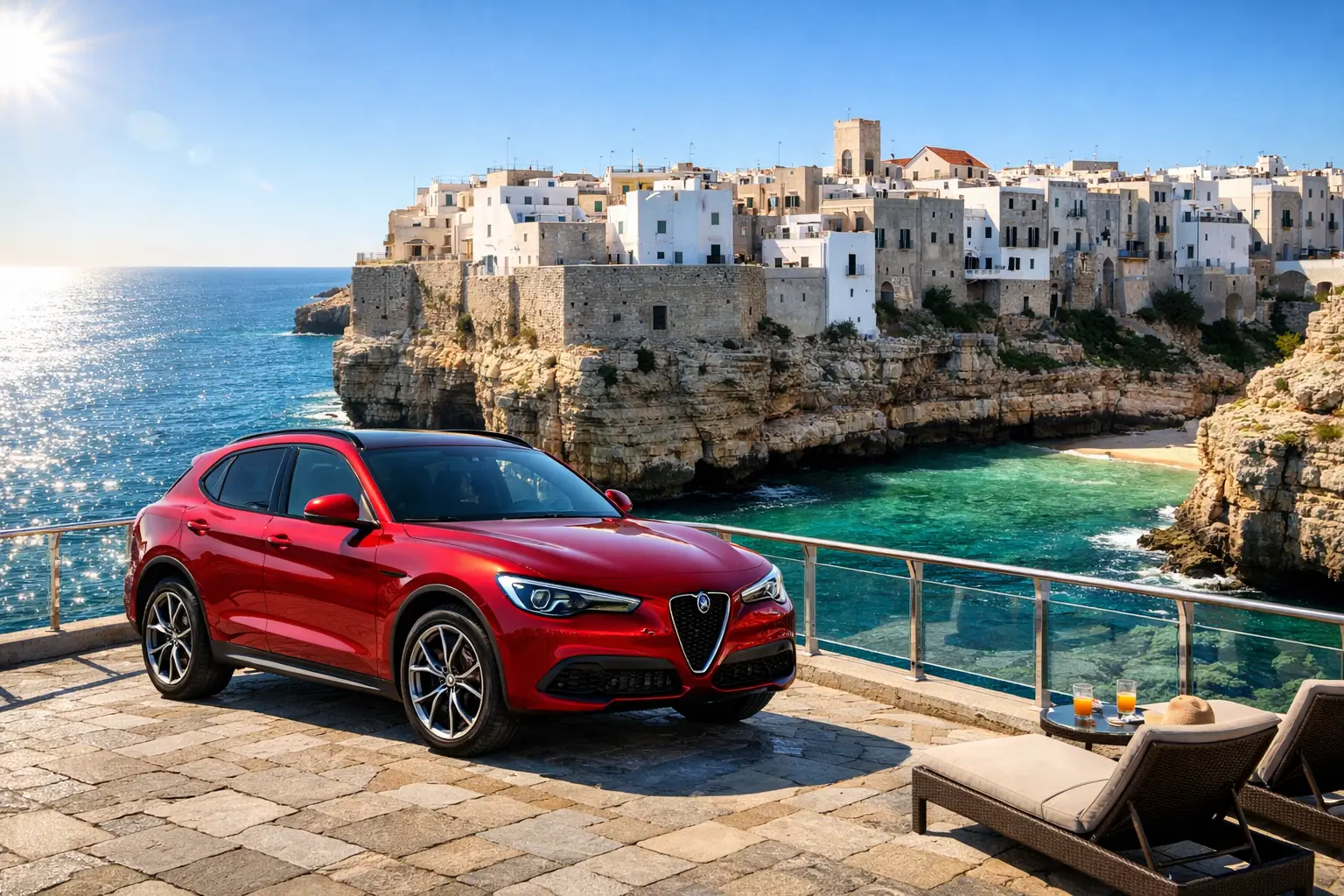 Mietwagen vor Küstenkulisse bei Bari